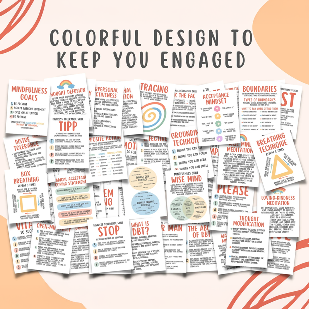 52 DBT Flashcards, Dialectical Behavior Therapy Coping Skills Cards, Borderline, BPD, Therapy Office Decor, Mental Health School Counselor