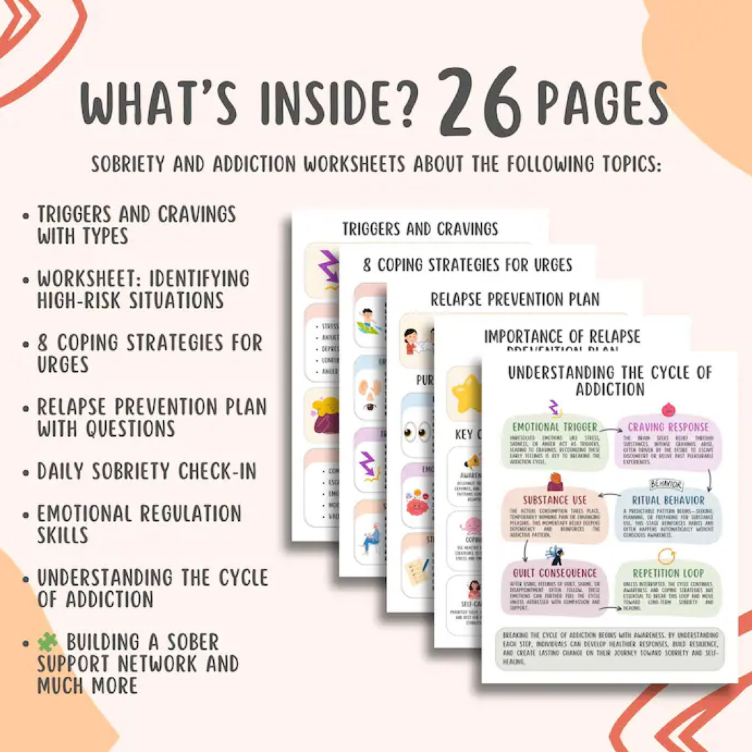Sobriety & Addiction Recovery Worksheets (26 Pages) Relapse Prevention, Urge Surfing, Coping Strategies, Addiction Cycle, Sober Support