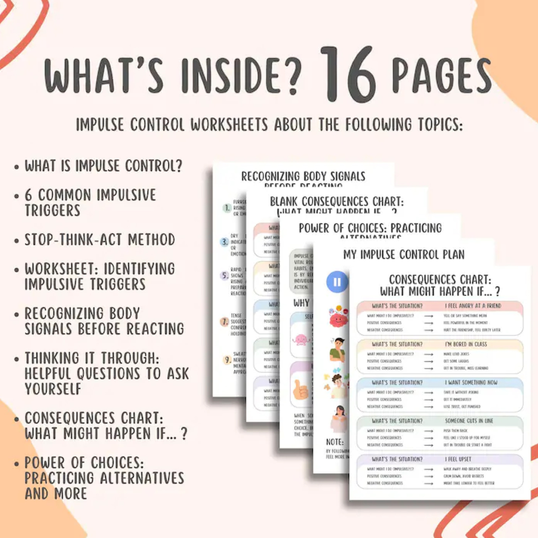 Impulse Control Worksheets (16 Pages), Self Regulation, Anger Management, Teens and Adults Therapy Tools, Emotions Worksheets, Mental Health