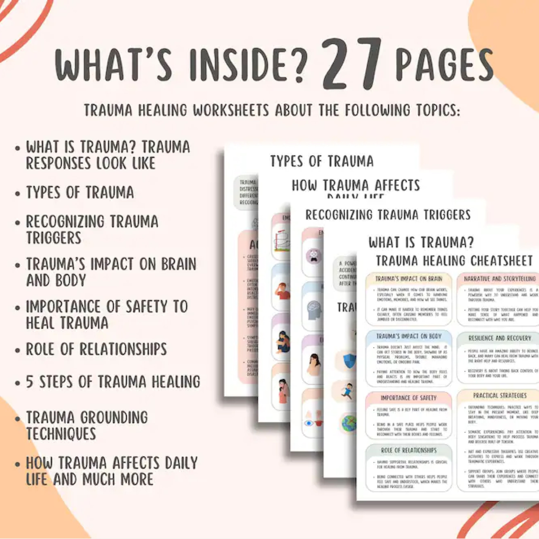 Trauma Healing Worksheets, Coping Skills, 50+ Pages, Trauma Responses, Emotional Resilience & Confidence