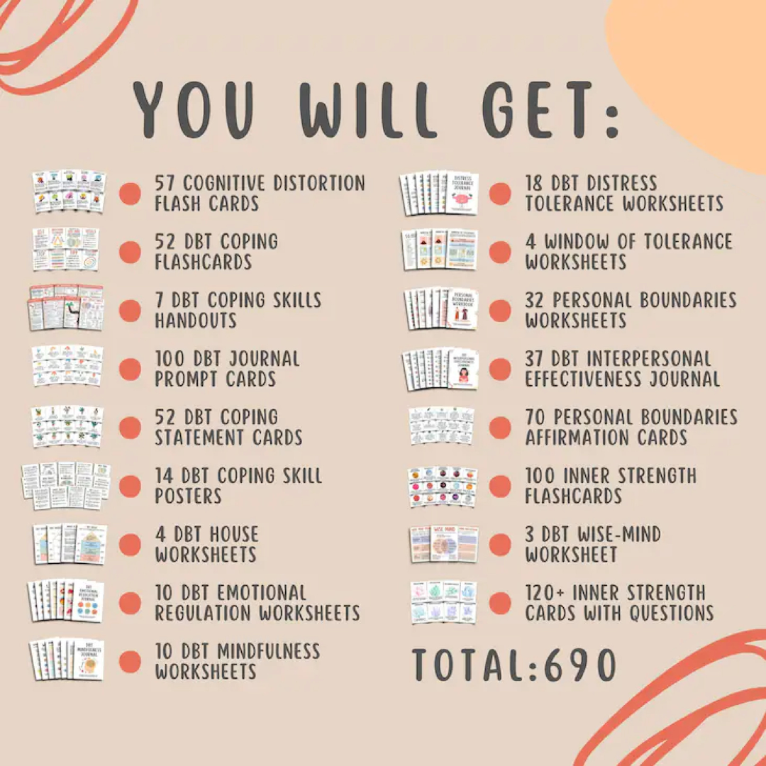 DBT Mega Bundle, (650+ Items) DBT Coping Skills Posters Flashcards Worksheets, DBT Cheat Sheet Emotional Regulation Mental Health Counseling