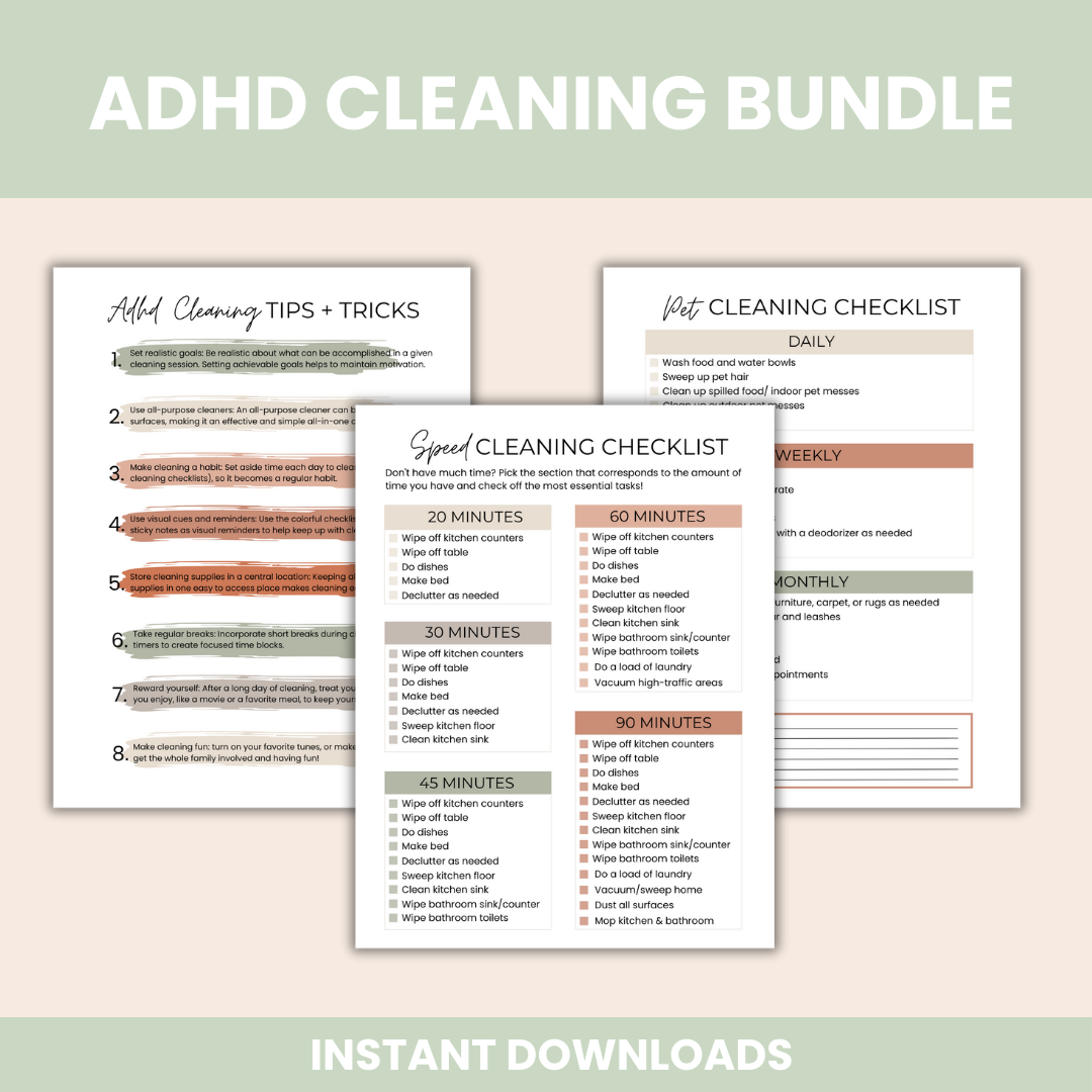 ADHD Cleaning Checklist Bundle, Cleaning Planner, Chore Chart, Deep Cleaning Cards, Cleaning Schedule, Family Chore Chart Planner