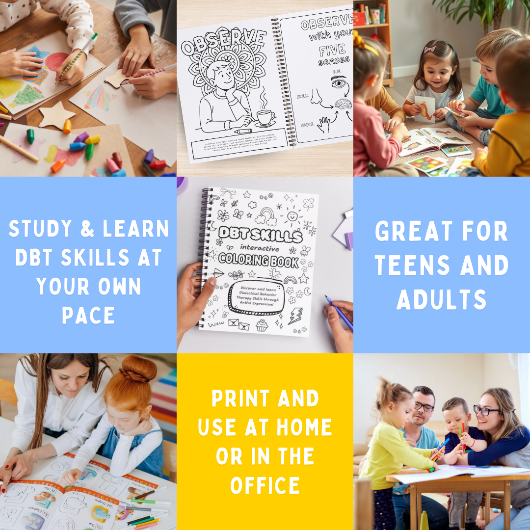 DBT Skills Coloring Book, Dialectical Behavior Therapy Worksheets Bundle, Mental Health Coping Skills Coloring book, Stress Relief