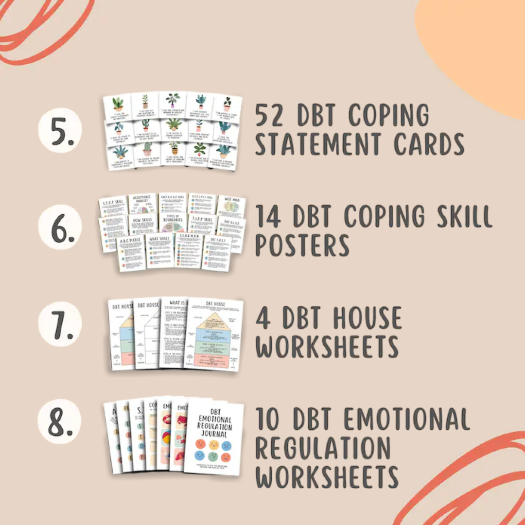 DBT Mega Bundle, (650+ Items) DBT Coping Skills Posters Flashcards Worksheets, DBT Cheat Sheet Emotional Regulation Mental Health Counseling