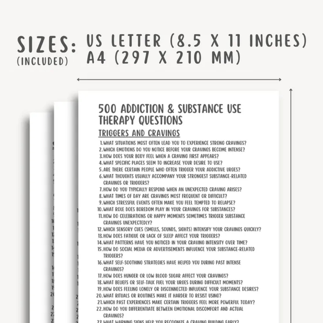 Addiction and substance use therapy questions, mental health therapy, recovery journal, relapse prevention guide prompts, sober living