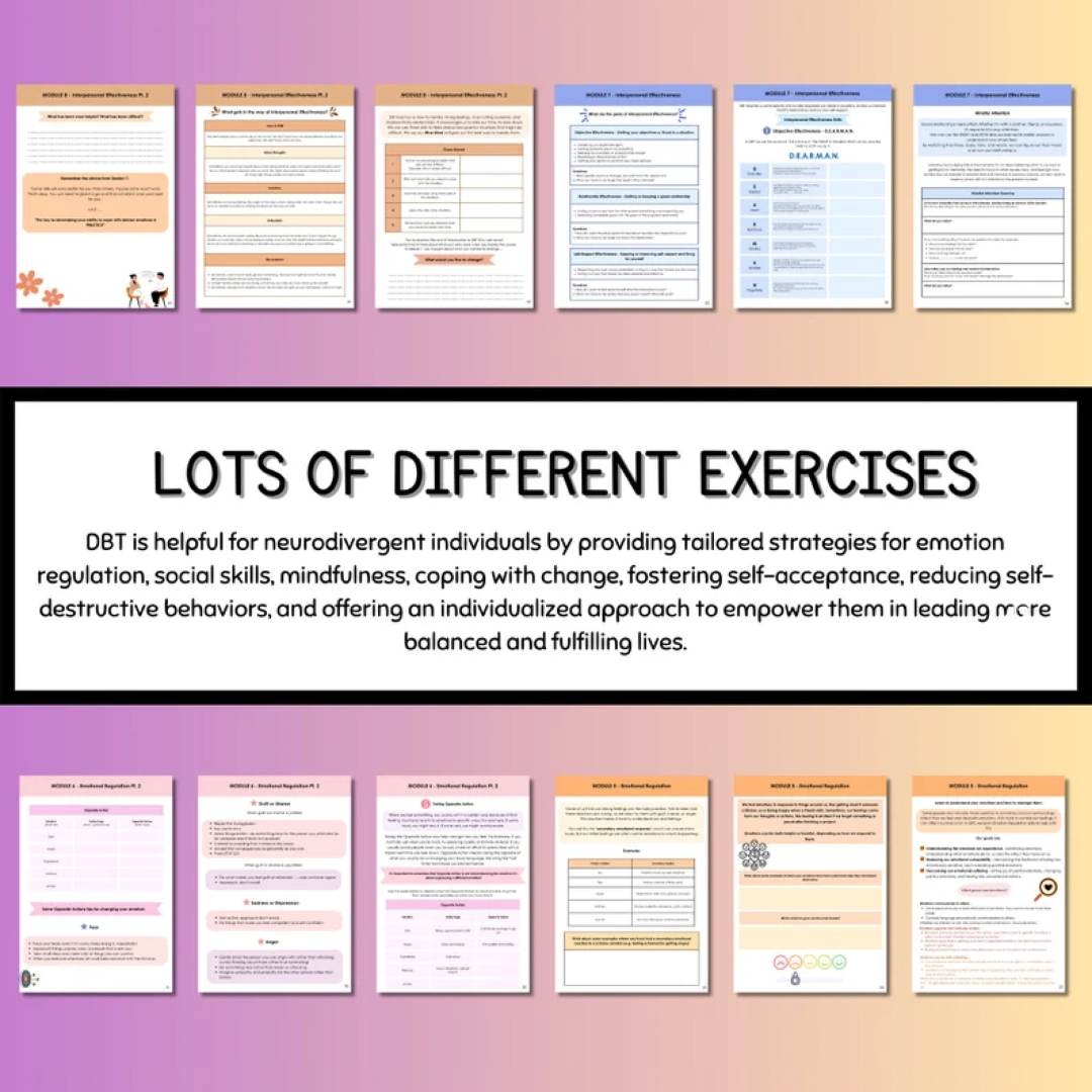 Neurodivergent Friendly DBT Skills, DBT Worksheets, DBT, Emotional Regulation, Neurodivergent, Autism, bpd, therapy worksheets, borderline