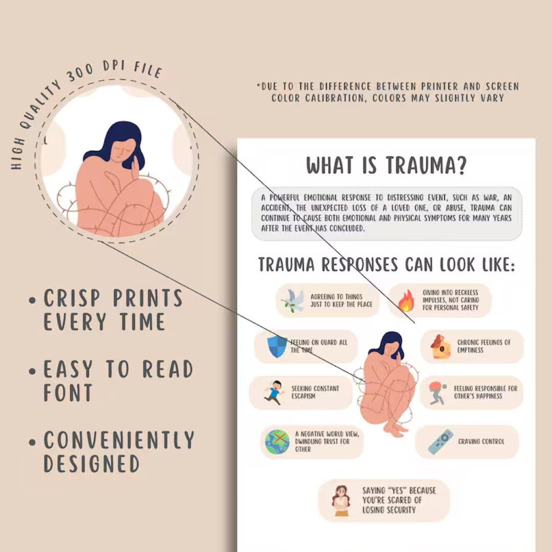 Trauma Healing Worksheets, Coping Skills, 50+ Pages, Trauma Responses, Emotional Resilience & Confidence