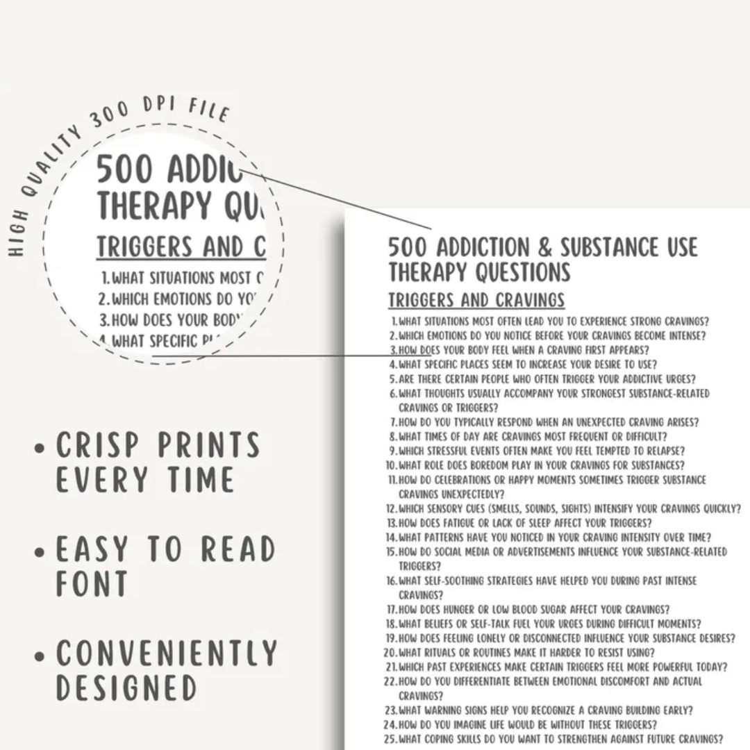 Addiction and substance use therapy questions, mental health therapy, recovery journal, relapse prevention guide prompts, sober living