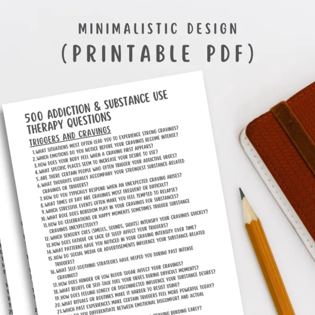 Addiction and substance use therapy questions, mental health therapy, recovery journal, relapse prevention guide prompts, sober living