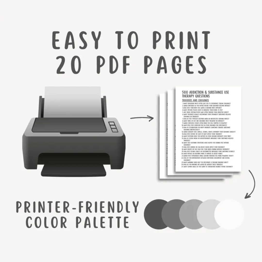 Addiction and substance use therapy questions, mental health therapy, recovery journal, relapse prevention guide prompts, sober living