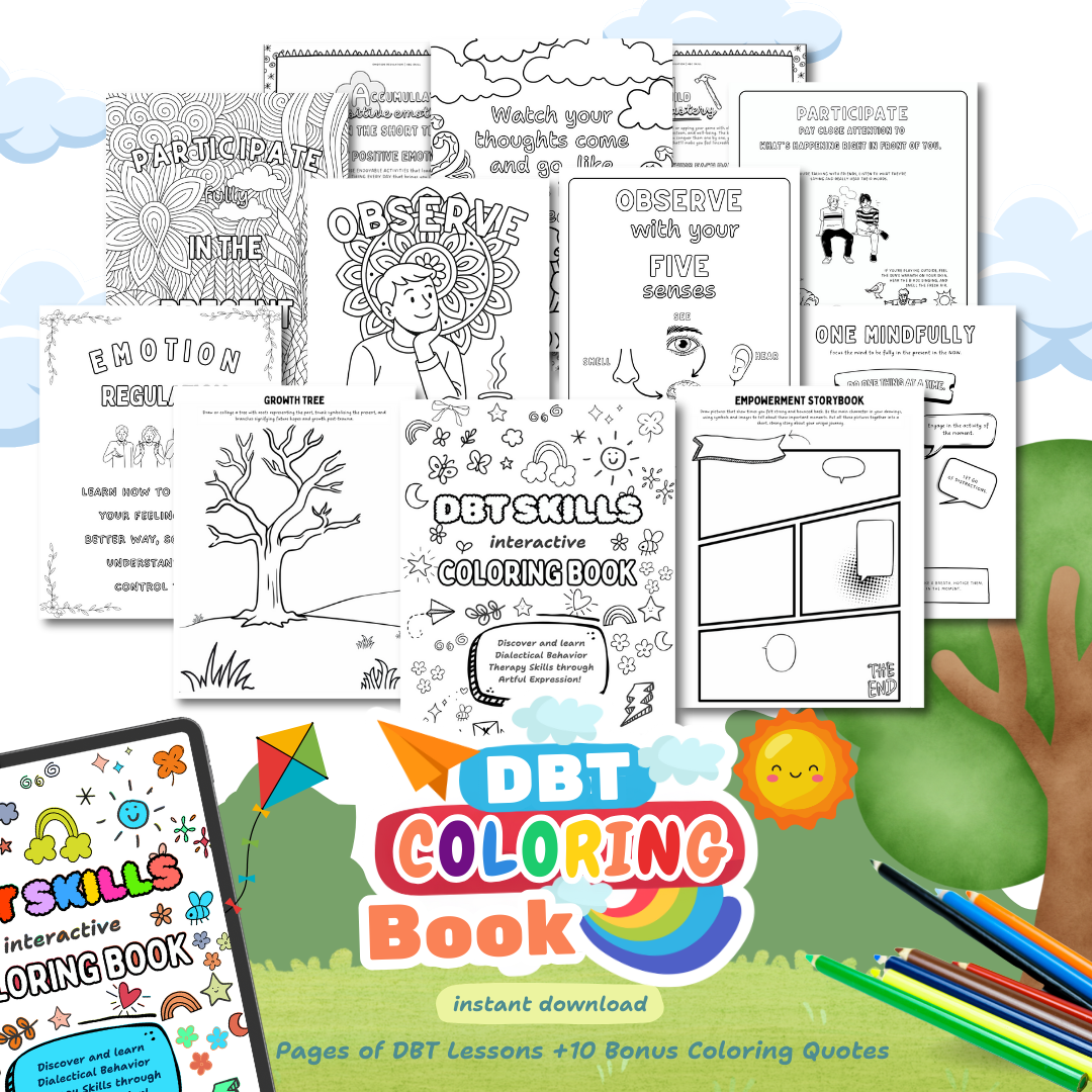 DBT Skills Coloring Book, Dialectical Behavior Therapy Worksheets Bundle, Mental Health Coping Skills Coloring book, Stress Relief