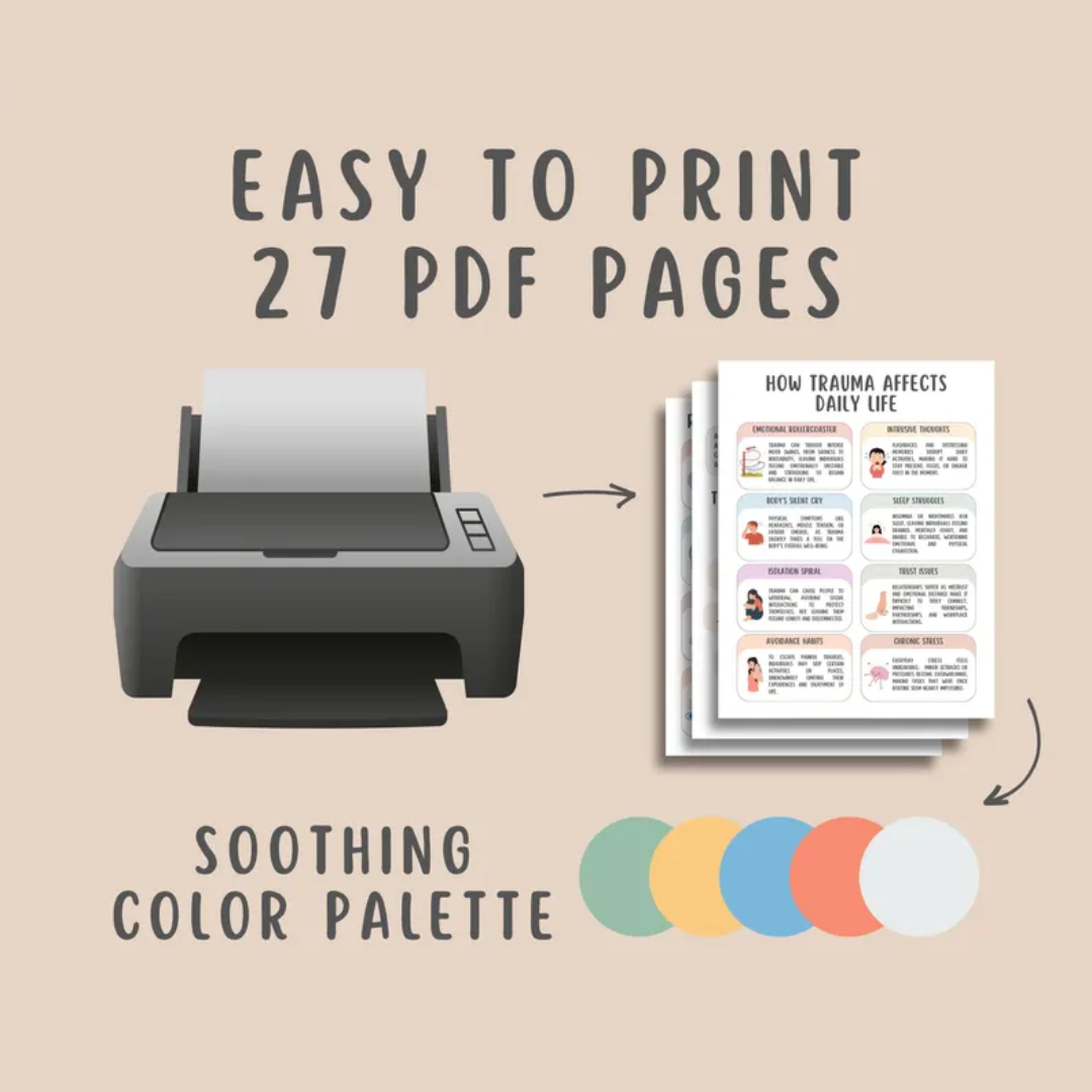 Trauma Healing Worksheets, Coping Skills, 50+ Pages, Trauma Responses, Emotional Resilience & Confidence