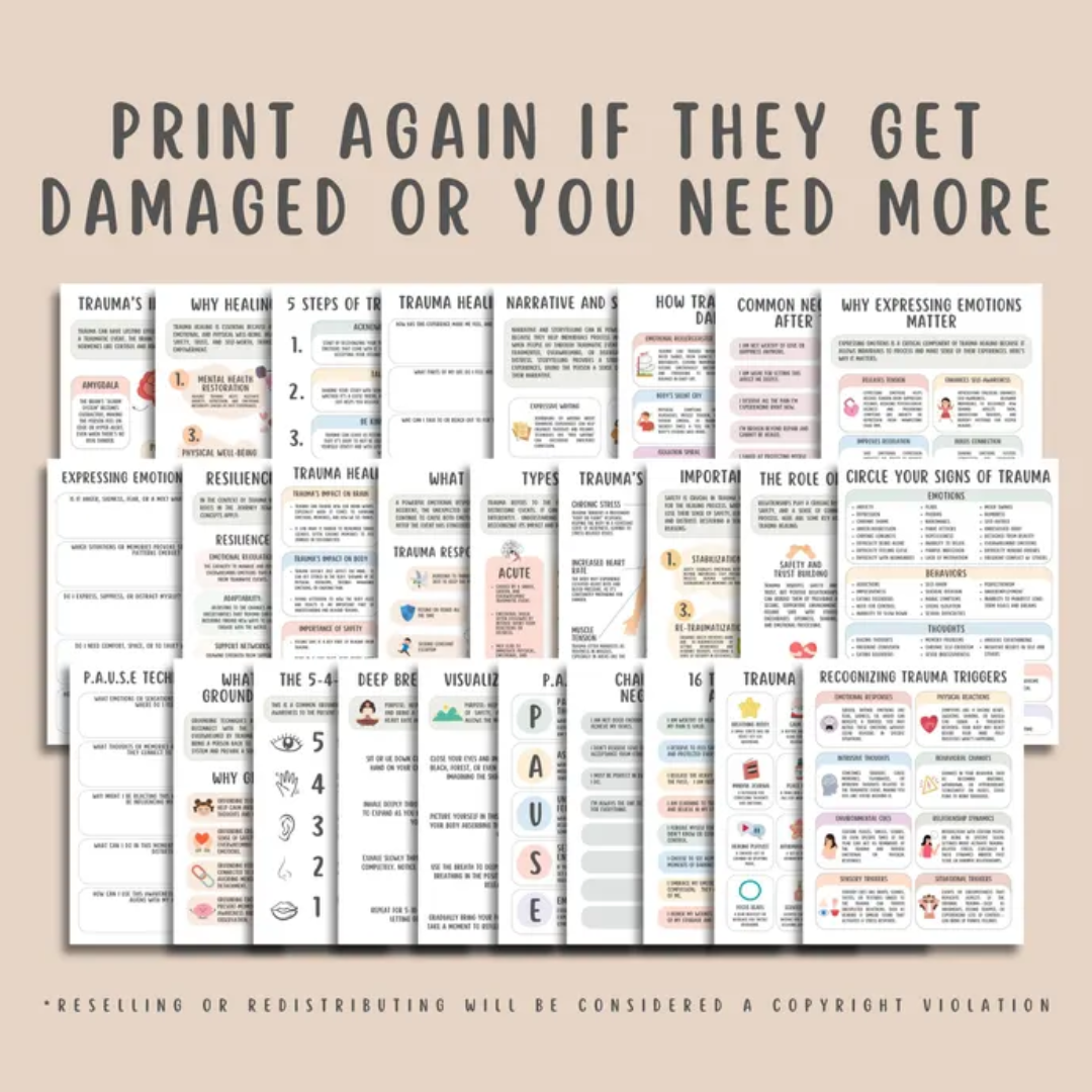 Trauma Healing Worksheets, Coping Skills, 50+ Pages, Trauma Responses, Emotional Resilience & Confidence