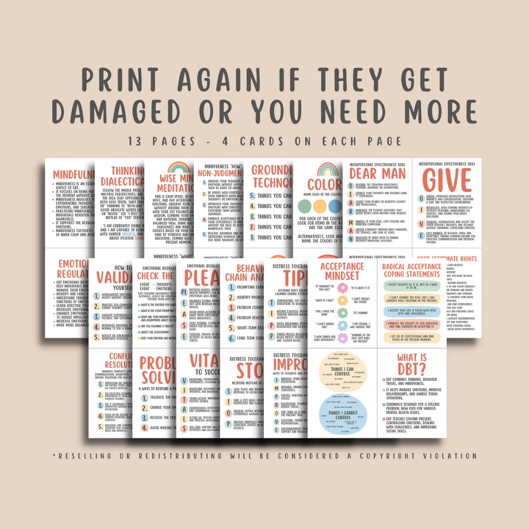 52 DBT Flashcards, Dialectical Behavior Therapy Coping Skills Cards, Borderline, BPD, Therapy Office Decor, Mental Health School Counselor