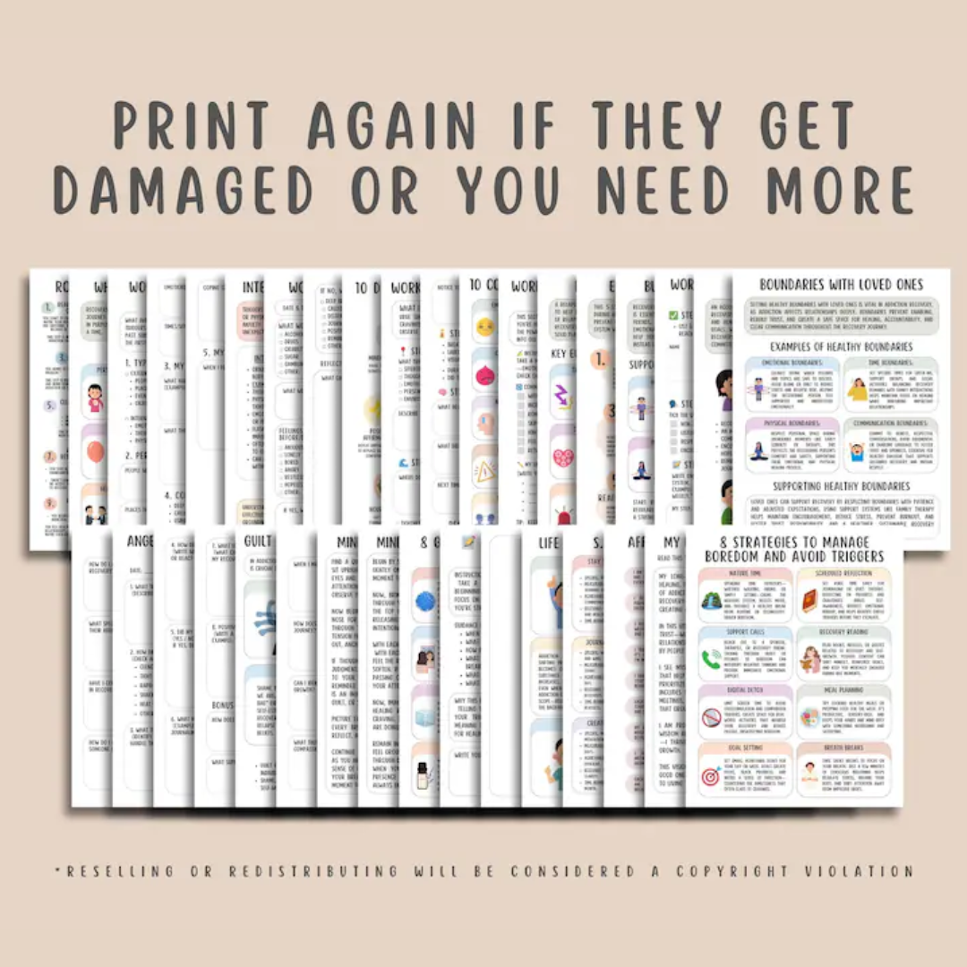 Addiction Recovery Worksheets, Sobriety Planner, Relapse Prevention Plan, Mental Health Tracker, Urge Surfing, Grounding Technqiues