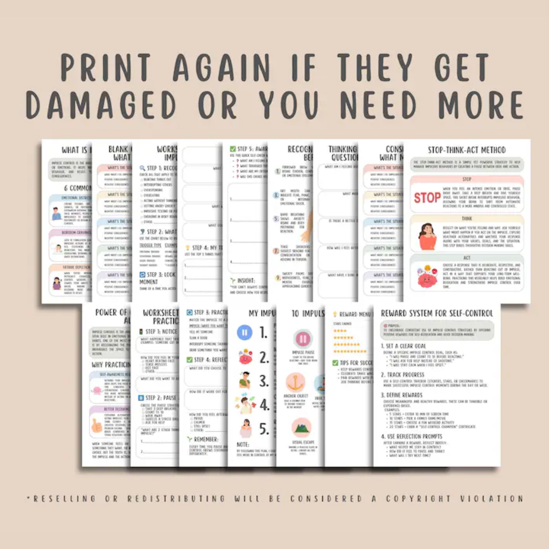 Impulse Control Worksheets (16 Pages), Self Regulation, Anger Management, Teens and Adults Therapy Tools, Emotions Worksheets, Mental Health