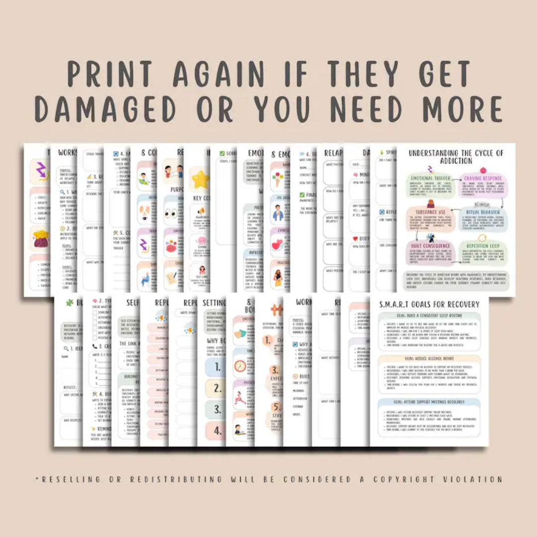 Sobriety & Addiction Recovery Worksheets (26 Pages) Relapse Prevention, Urge Surfing, Coping Strategies, Addiction Cycle, Sober Support