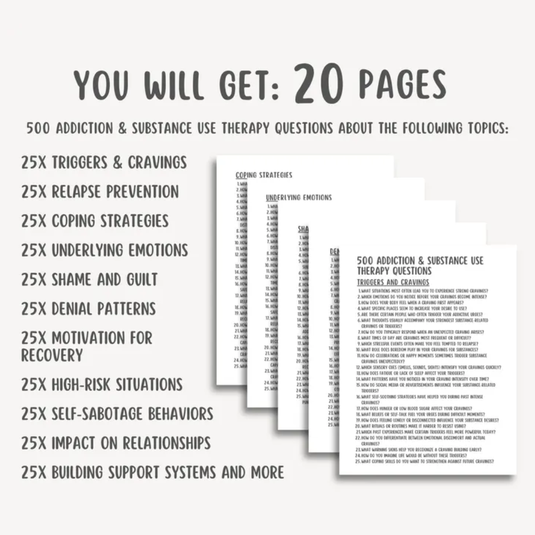 Addiction and substance use therapy questions, mental health therapy, recovery journal, relapse prevention guide prompts, sober living