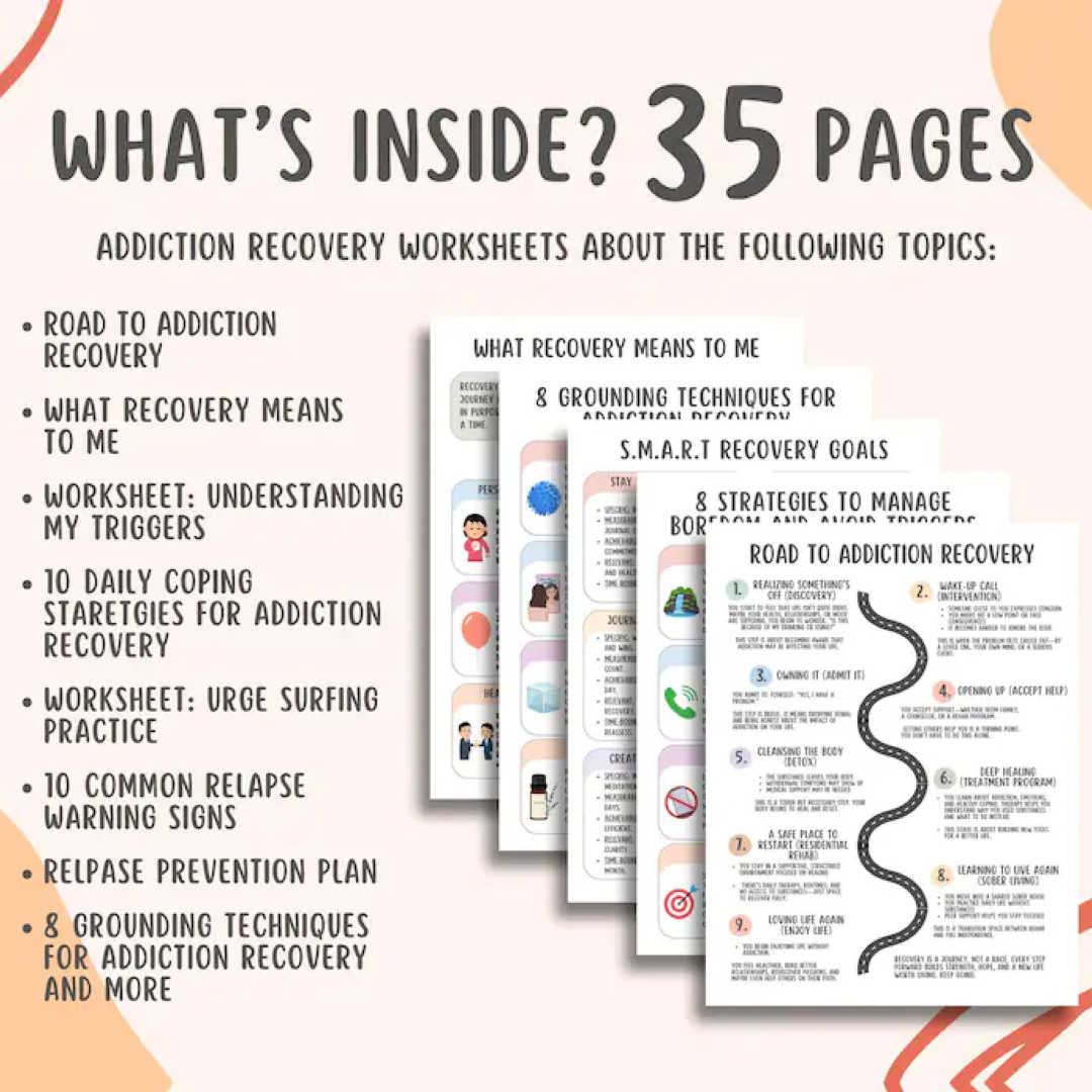 Addiction Recovery Worksheets, Sobriety Planner, Relapse Prevention Plan, Mental Health Tracker, Urge Surfing, Grounding Technqiues