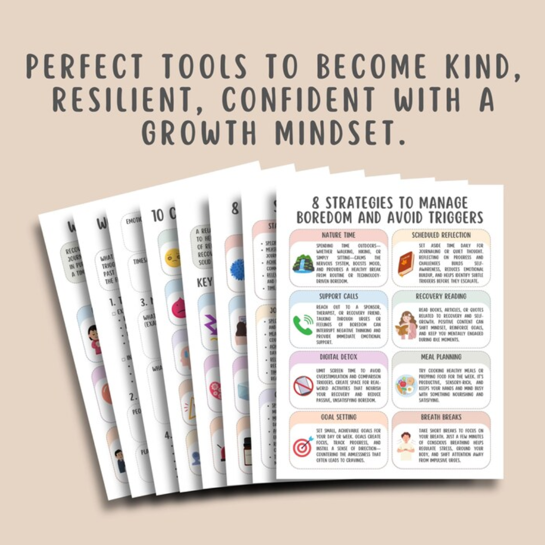 Addiction Recovery Worksheets, Sobriety Planner, Relapse Prevention Plan, Mental Health Tracker, Urge Surfing, Grounding Technqiues