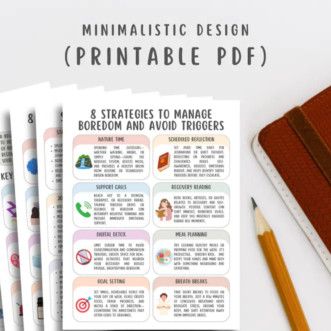 Addiction Recovery Worksheets, Sobriety Planner, Relapse Prevention Plan, Mental Health Tracker, Urge Surfing, Grounding Technqiues