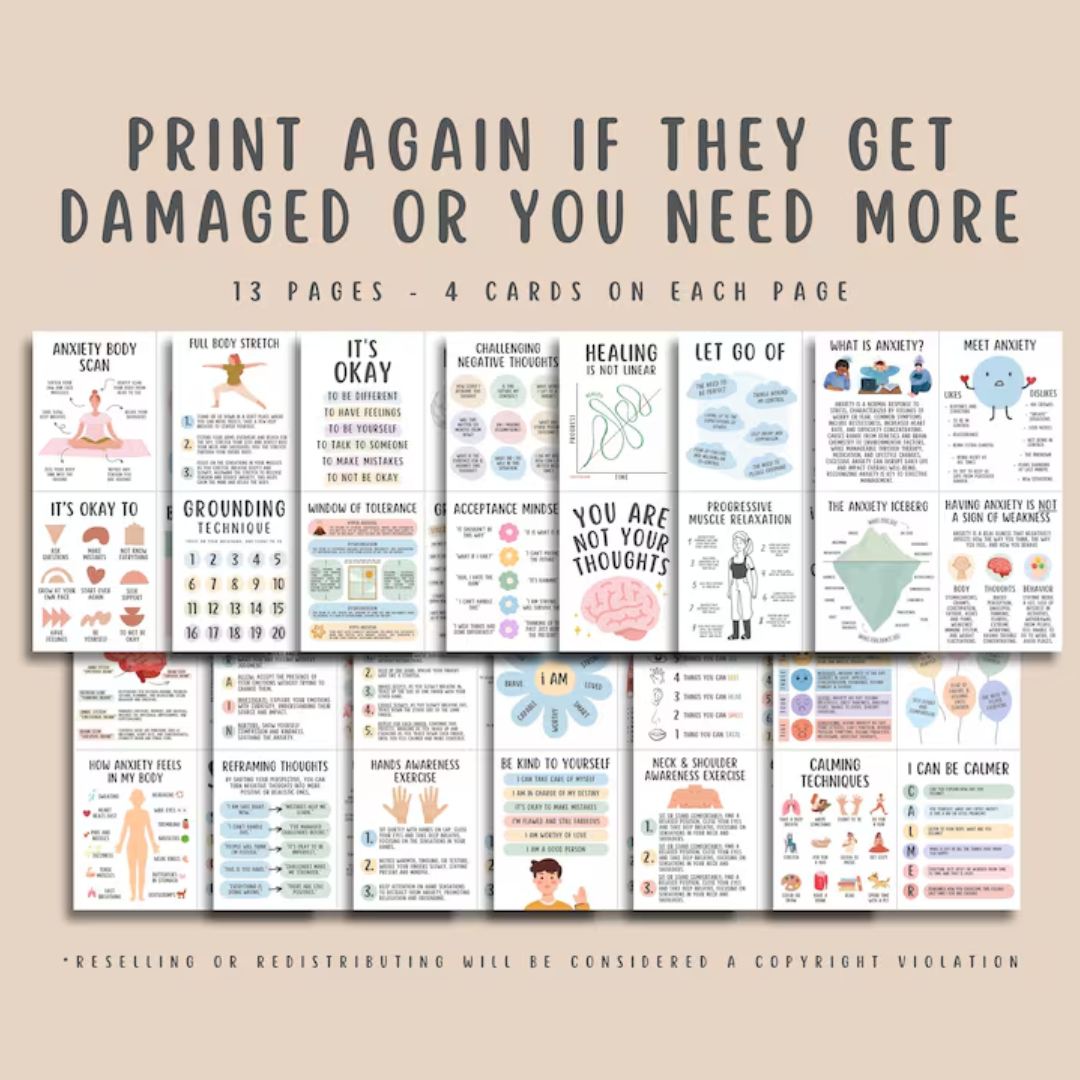 52 Anxiety Coping Skill Cards, Social Anxiety Relief Grounding Techniques Self Regulation Calming Corner Therapy Office Psychology Resources