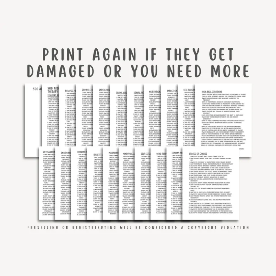 Addiction and substance use therapy questions, mental health therapy, recovery journal, relapse prevention guide prompts, sober living